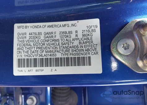 2020 Honda Accord Sport from USA, damaged, VIN 1HGCV1F34LA014053